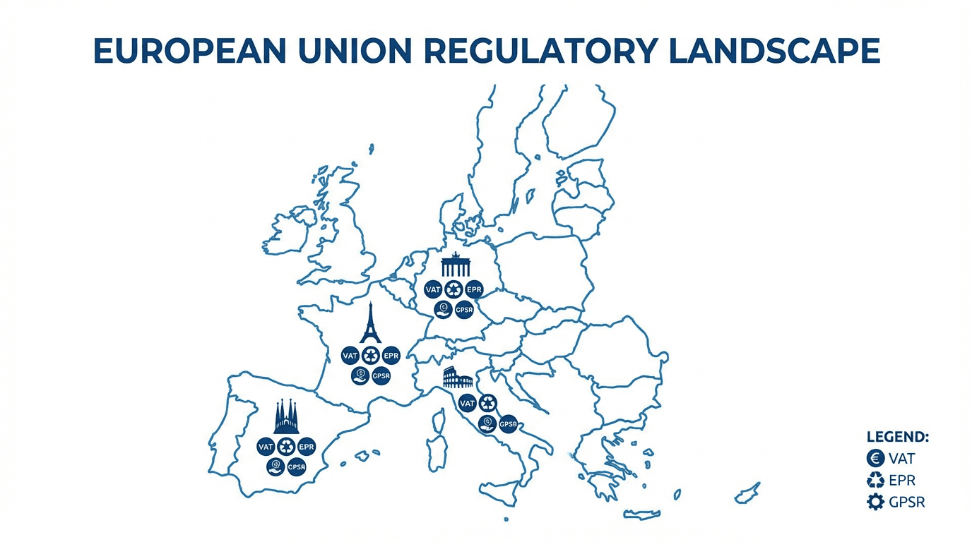 Carte UE des exigences réglementaires clés pour vendeurs Amazon (TVA, EPR, GPSR)