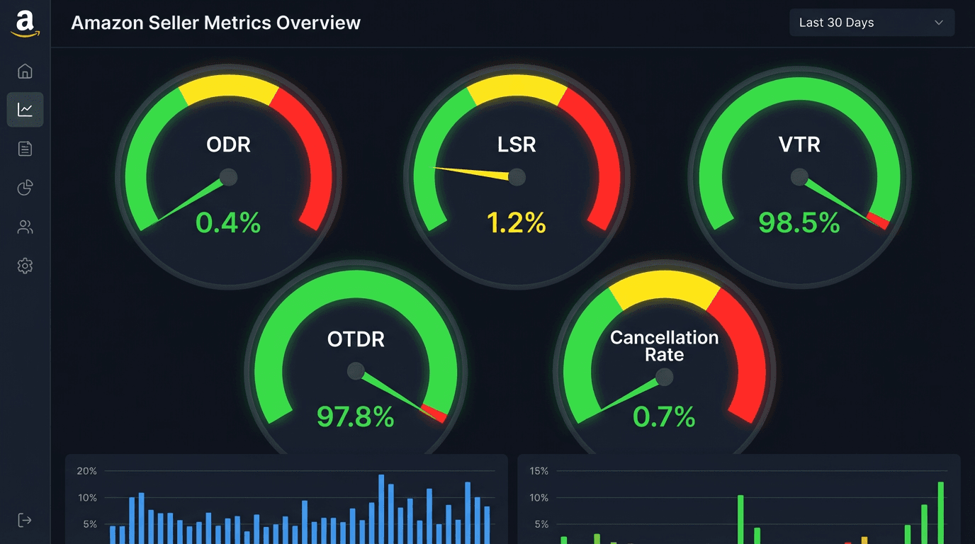 Dashboard des métriques Amazon Seller (ODR, LSR, VTR, OTDR, taux d'annulation) avec zones de risque