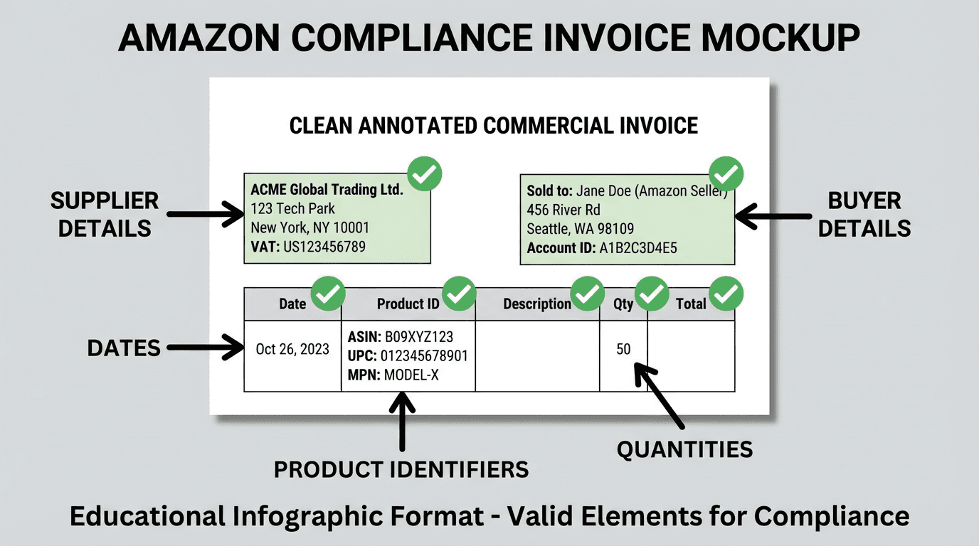 Exemple de facture fournisseur conforme Amazon avec éléments requis annotés