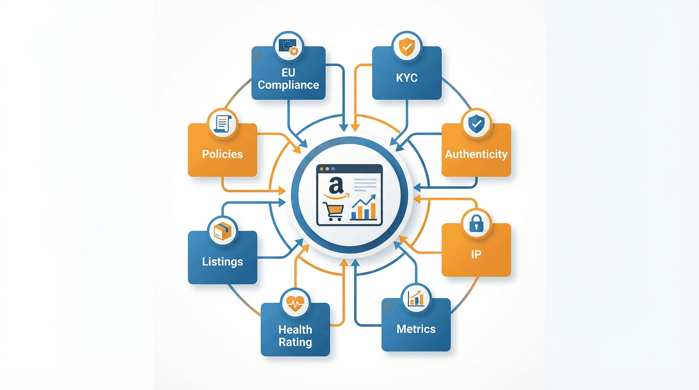 Infographie circulaire des 8 piliers de l'audit Amazon Seller